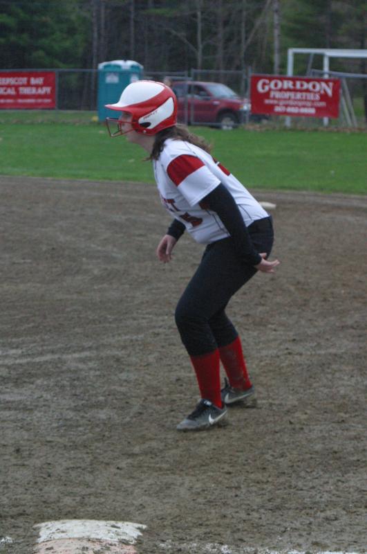 Leah Potter reaches base for the Wolverines in the fifth inning. PHIL DI VECE/Wiscasset Newspaper