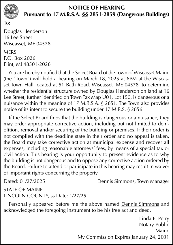 Town of Wiscasset Notice of Hearing Henderson