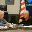 Wiscasset Budget Committee member Norman Guidoboni, right, gestures to fellow member Ray Soule to say “Woolwich” for him. SUSAN JOHNS/Wiscasset Newspaper