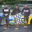 Top finishers in the 25-lap Super Stock division at the Wiscasset Speedway on Saturday, May 18 include: left to right, Josh Bailey (third), Adam Chadbourne (first) and Bobby Mesimer (second). Courtesy of Peter Taylor, Wiscasset Speedway 