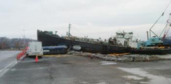 Wind and waves during Hurricane Sandy caused this vessel to wash up on a waterfront street on Staten Island during the storm. Courtesy of Brian Blethen  