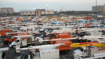 The Nassau Coliseum parking lot, turned staging area, where utility vehicles parked to work in surrounding towns such as Bethpage, on Long Island.  Courtesy of Mike Giles