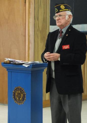 Chic Ciciotte of Topsham speaks passionately to fellow American Legionaires about the need to increase membership. JOHN MAGUIRE/Wiscasset Newspaper.