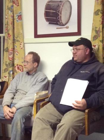 Alna resident Chris Cooper, left, and Fire Chief Mike Trask attend the February 21 Alna selectmen's meeting, where Trask told the board he will seek to replace a 1986 fire truck one year from now. SUSAN JOHNS/Wiscasset Newspaper