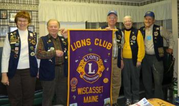 These Wiscasset Lions club charter members, were recognized on the club’s 25th anniversary. From left are Susan Varney, Schuyler Fairfield, Arthur Brawn, Jane Albert, and Robert Albert. CHARLOTTE BOYNTON/Wiscasset Newspaper