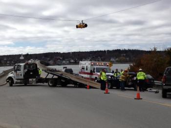 Neither driver was transported to a hospital from the accident scene at the Donald Davey Bridge April 24. JOHN MAGUIRE/Wiscasset Newspaper