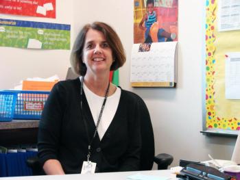 Edgecomb Eddy School teacher Jennifer Gosselin in her new workspace this year where she teaches math and literacy across the school's grade levels. SUSAN JOHNS/Wiscasset Newspaper