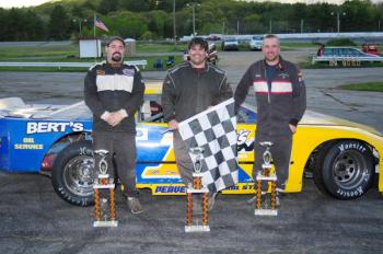 Top finishers in the 25-lap Super Stock division at the Wiscasset Speedway on Saturday, May 18 include: left to right, Josh Bailey (third), Adam Chadbourne (first) and Bobby Mesimer (second). Courtesy of Peter Taylor, Wiscasset Speedway 