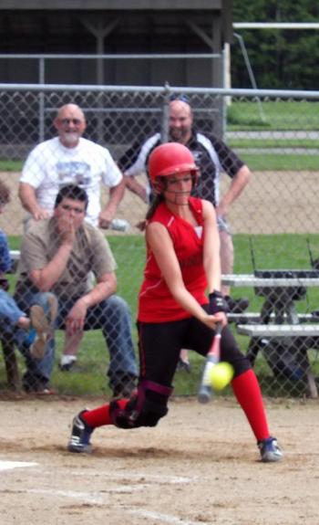 Briana Goud gets a hit to center field. KATHY ONORATO/Wiscasset Newspaper