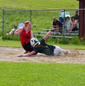 Pitcher Megan Corson covers home plate. KATHY ONORATO/Wiscasset Newspaper