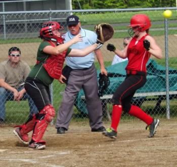 Megan Corson  beats the throw to home in the prelim round of the Western Maine Class C softball tournament June 3. KATHY ONORATO/Wiscasset Newspaper