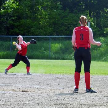 Charlene Reed throws to first base for an out in Wiscasset’s game with Spruce Mountain. KATHY ONORATO/Wiscasset Newspaper