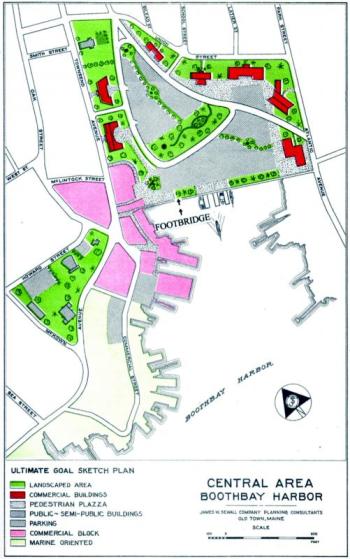 The central area plan from the 1961 Boothbay Harbor town plan. It shows the plan for filling Boothbay Harbor's harbor as far south as the footbridge. The word "Footbridge" has been added to help orient readers.