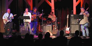 Among the dozen or so local musicians performing at the seventh annual Hootenanny on March 8 from left to right are Garry Blackman, Amanda Cressey Andrews, Tim Sprague, Dick Spofford (Boothbay's Fire Chief) on drums and Paul Martin (former member of the Wild Horse Band with Blackman) from Auburn. Robert Mitchell photo