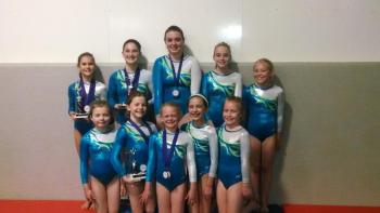 CLC gymnasts who qualified for the Northeast Regional meet: back row, Reed Gulden, 2nd place all around and beam champion; Emma Hall, 2nd place all around and vaulting champion; Katie Colomb, Leah Wilcox, Chloe Achorn. Front row are Elizabeth Rethman, Erica Johnson, 5th place all around; Dakota Gregory, Kayla Reardon & Reece Instasi. Not pictured are Maddy Russ, Molly Taylor, Madi Bradbury and Emily Kelsey. Courtesy of Liz Hall