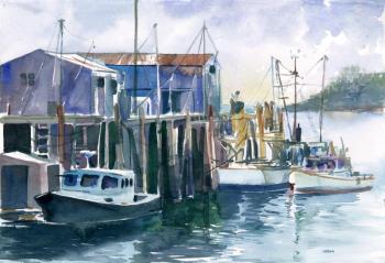 “Port Clyde Docks,” a 12 by 16-inch watercolor by Hannah Ineson, is one of this Midcoast artist’s works in the summer-long show with Sarah Greenier at Mae’s Café in Bath. Courtesy of Sarah Greenier Hannah Ineson
