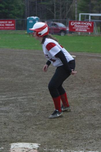 Leah Potter reaches base for the Wolverines in the fifth inning. PHIL DI VECE/Wiscasset Newspaper