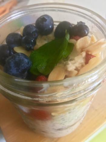 A breakfast oatmeal parfait, with chia seeds and fresh fruit: Raspberries, strawberries, blackberries and blueberries, topped with sliced almonds and a swirl of Maine maple syrup, all served in a Mason jar. SUZI THAYER/Boothbay Register