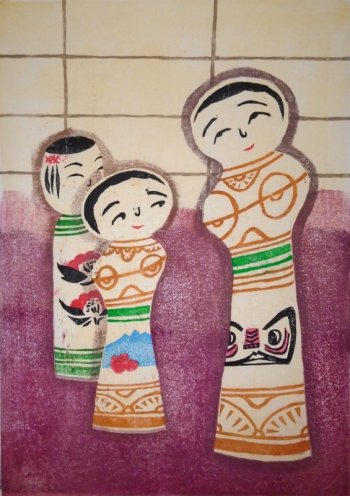 “Tokeshi Dolls,” by Yukiko Kawakami. See it at Green Lion Gallery through Mary 19. Courtesy of the venue Yukiko Kawakami