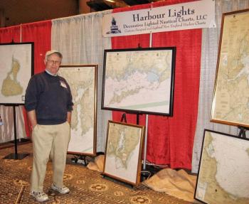 Carl Welshman’s lighted nautical charts are sure to catch the attention of those attending the 2018 Arts & Yachts Exhibition and Sale Aug. 10-12 at Hodgdon Yachts Services on Southport Island. Leslie Volpe photo