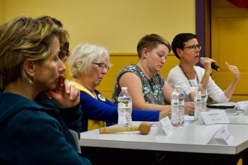 Eliza Townsend, executive director of The Maine Women’s Lobby, makes a point about the plight of Maine women and families who live in poverty during the “Power of Women in Politics in 2018: Voting, Running, Resisting” panel discussion at the LCDC monthly meeting Sept. 26. From left are Shannon Carr, MD, Molly Cowan, MaryRae Means, Cait Vaughan and Townsend. Courtesy photo