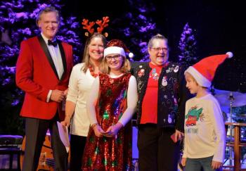 The People’s Choice winners Adaline Barter (third from left) and Grammie Nancy Stoddard (fourth from left) for “No Flight Zone” - with Kevin Kiley and Cathy Sherrill just after the announcement. Addie’s elf brother Jay joined the group on stage. Peter Southwick photo