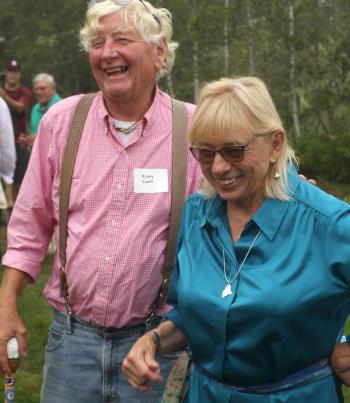 Cap’n Rusty Court of East Boothbay used to stop by the island on his lobster boat, Casey Anne, during kids’ camps to teach them about lobsters and lobstering. Here, with Gov. Mills in very celebratory moods. STEVE EDWARDS/Boothbay Register