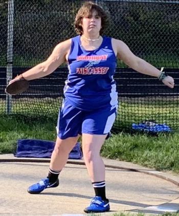 Boothbay/Wiscasset discus thrower Grace Green makes an attempt May 9 in the Mountain Valley Conference meet in Wiscasset. BILL PEARSON/Boothbay Register