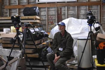 Jonne Trees of Boothbay Region TV and Media Center filming inside while his drone captured action outside. LISA KRISTOFF/Boothbay Register