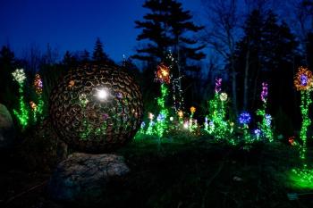 A JBONE sphere in one of the Gardens Aglow scenes at Coastal Maine Botanical Gardens 2024. Courtesy of ??