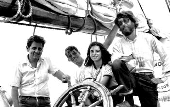 The Bowdoin’s crew during their 1979 tour were, from left, Ted Aimo, David White, Marya Fogel and skipper John S. Nugent. PHIL DI VECE photo The Bowdoin’s crew during their 1979 tour were, from left, Ted Aimo, David White, Marya Fogel and skipper John S. Nugent. PHIL DI VECE photo