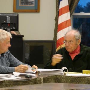 Wiscasset Budget Committee member Norman Guidoboni, right, gestures to fellow member Ray Soule to say “Woolwich” for him. SUSAN JOHNS/Wiscasset Newspaper