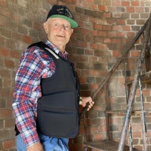 George McEvoy climbing the spiral stairs of the Ram Island Lighthouse. Elaine P. Jones photo George McEvoy climbing the spiral stairs of the Ram Island Lighthouse. Elaine P. Jones photo