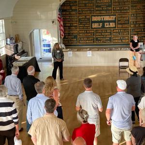 Boothbay Register's Sarah Morley speaks to the Business After Hours crowd at the Boothbay Railway Village Museum Aug. 6. FRITZ FREUDENBERGER/Boothbay Register Boothbay Register's Sarah Morley speaks to the Business After Hours crowd at the Boothbay Railway Village Museum Aug. 6. FRITZ FREUDENBERGER/Boothbay Register