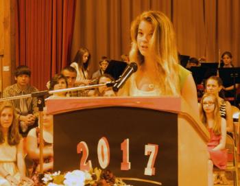 Student Council president Gabrielle Chapman takes her classmates, families and friends down memory lane in her welcoming address on eighth grade Recognition Night June 17. KATHY ONORATO/Wiscasset Newspaper